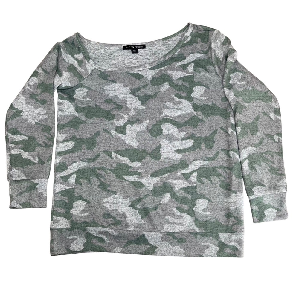 Boston Proper Camo Sweater Womens Size‎ S Green Gray Lightweight knit Raglan Top